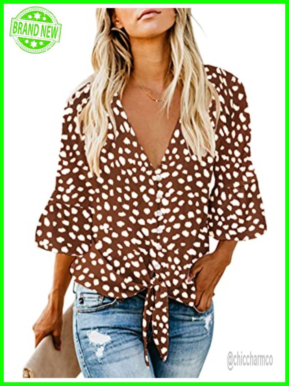 Women's Button Down V Neck Tie Knot Front Chiffon Blouse